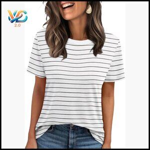 Women's Short Sleeve Ribbed Trim Crewneck T-Shirt Loose Fit Summer Top